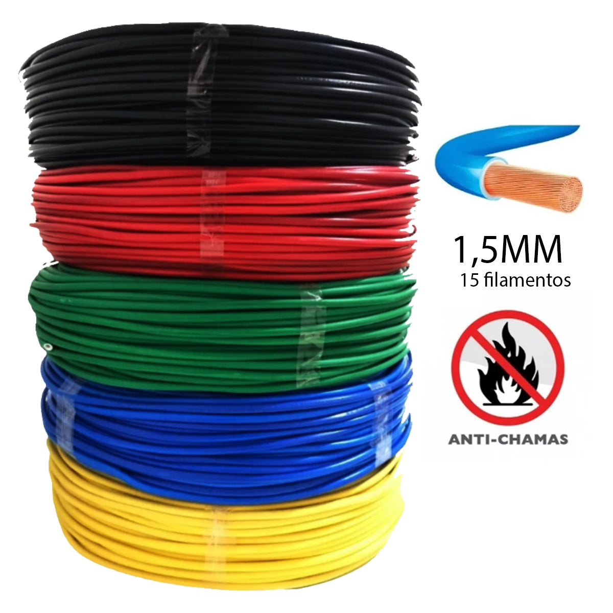 Cabo Eletrico Flexivel 1,5mm Com 100 Metros Fio Elétrico Anti Chamas Rolo Fiu